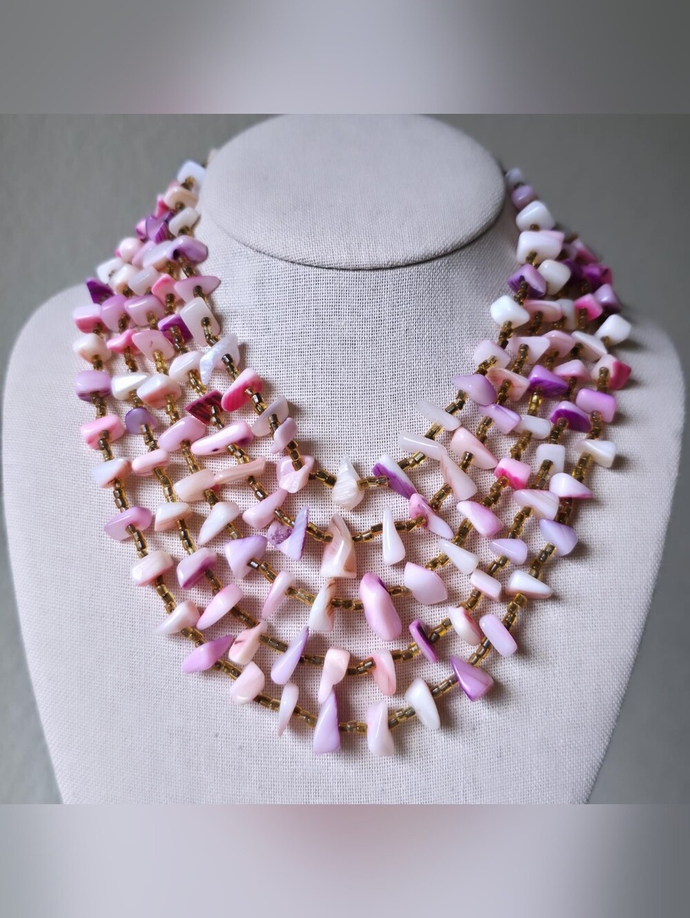 Vintage Shell Necklace 5 Strand Pink Purple Summer Beach Jewelry